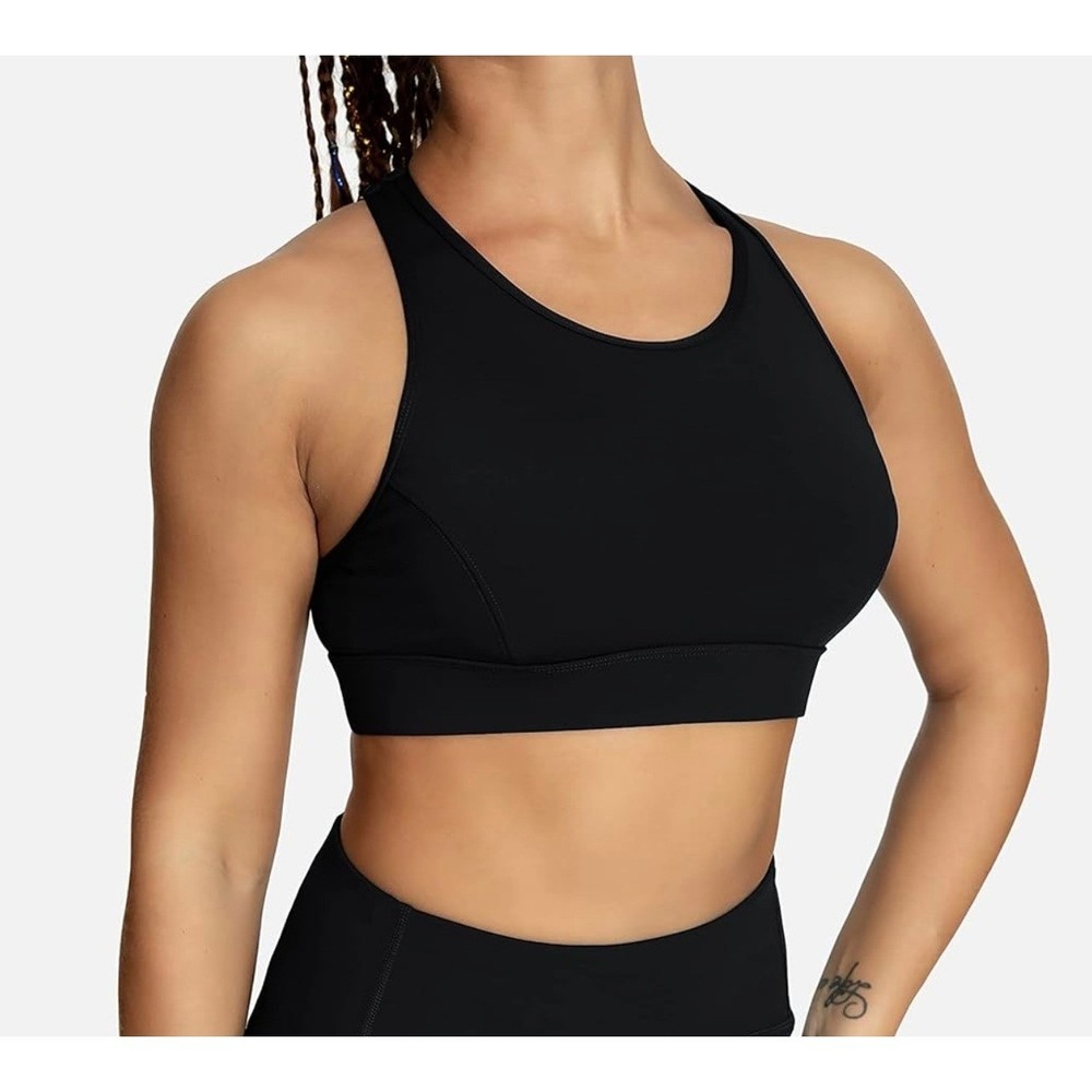 Queenieke Womens Black Racerback Sports Bra with Phone Pocket Size L